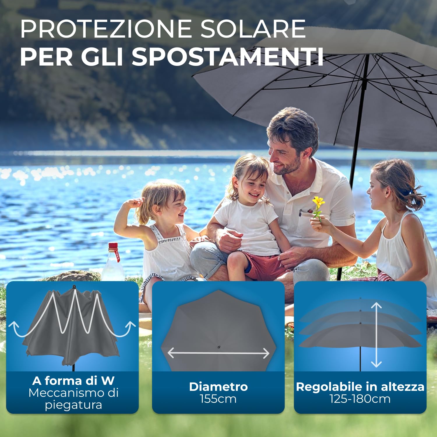STYNGARD Ombrellone da Spiaggia Portatile protezione UV 50+ [155 cm ⌀] - Ombrellone da Viaggio con cavi di ancoraggio - Modello NICE