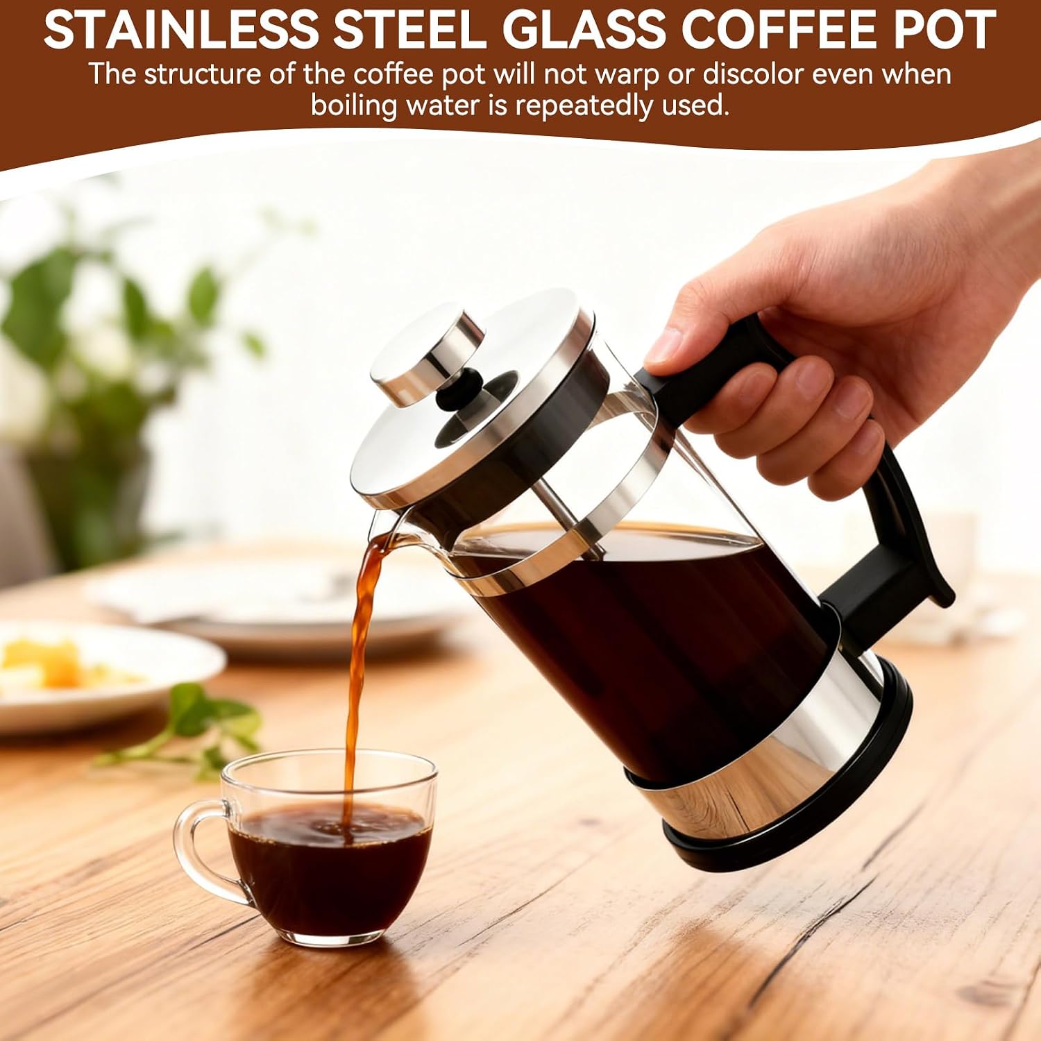 French Press Coffee Maker, Stainless Steel Glass Coffee Pot Cold Brew Tea Maker for Kitchen Travel Camping