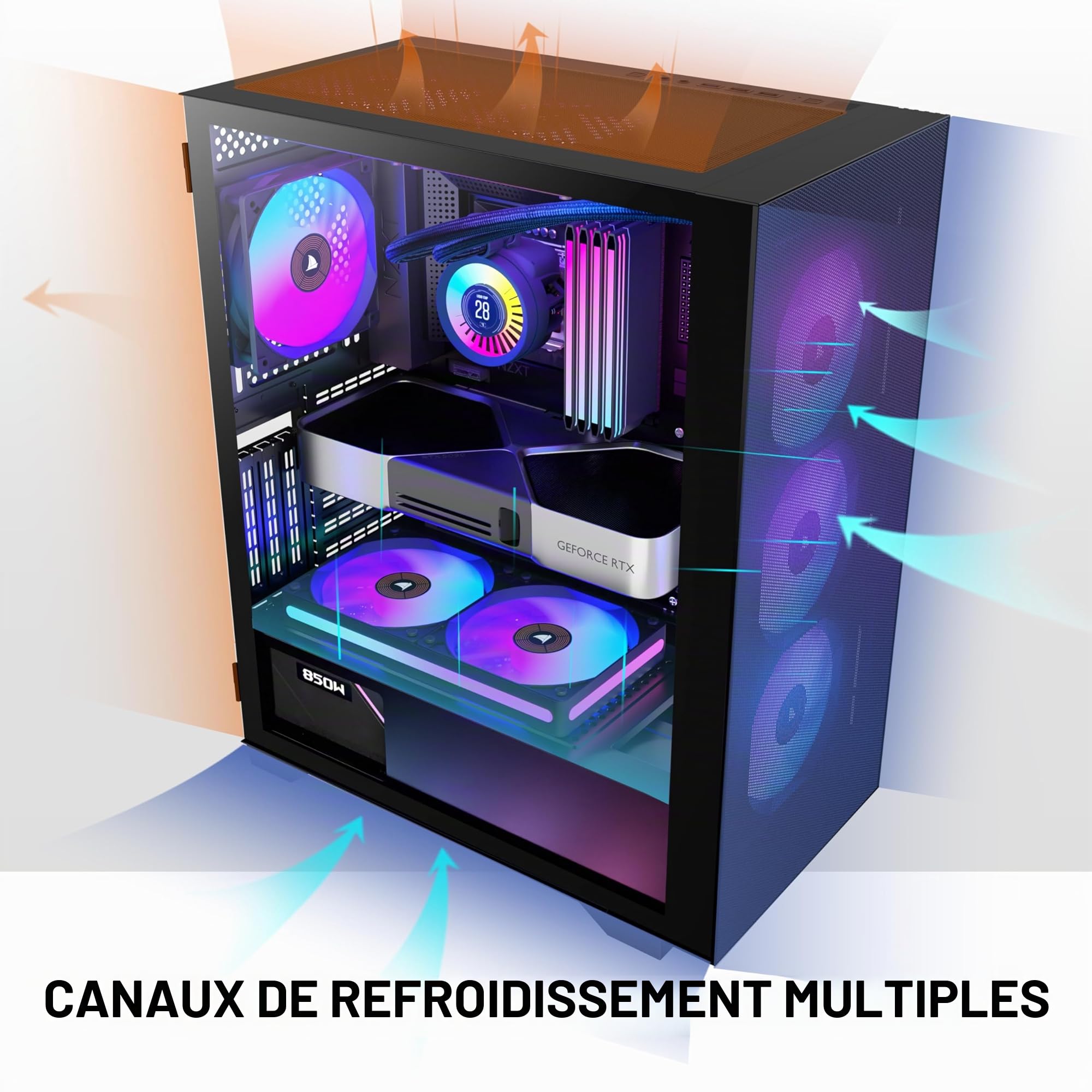 KEDIERS Boitier PC - 6 Ventilateurs PWM préinstallés, boitier de Jeu ATX Mid Tower en Maille avec Panneau latéral ouvrant en Verre trempé Noir