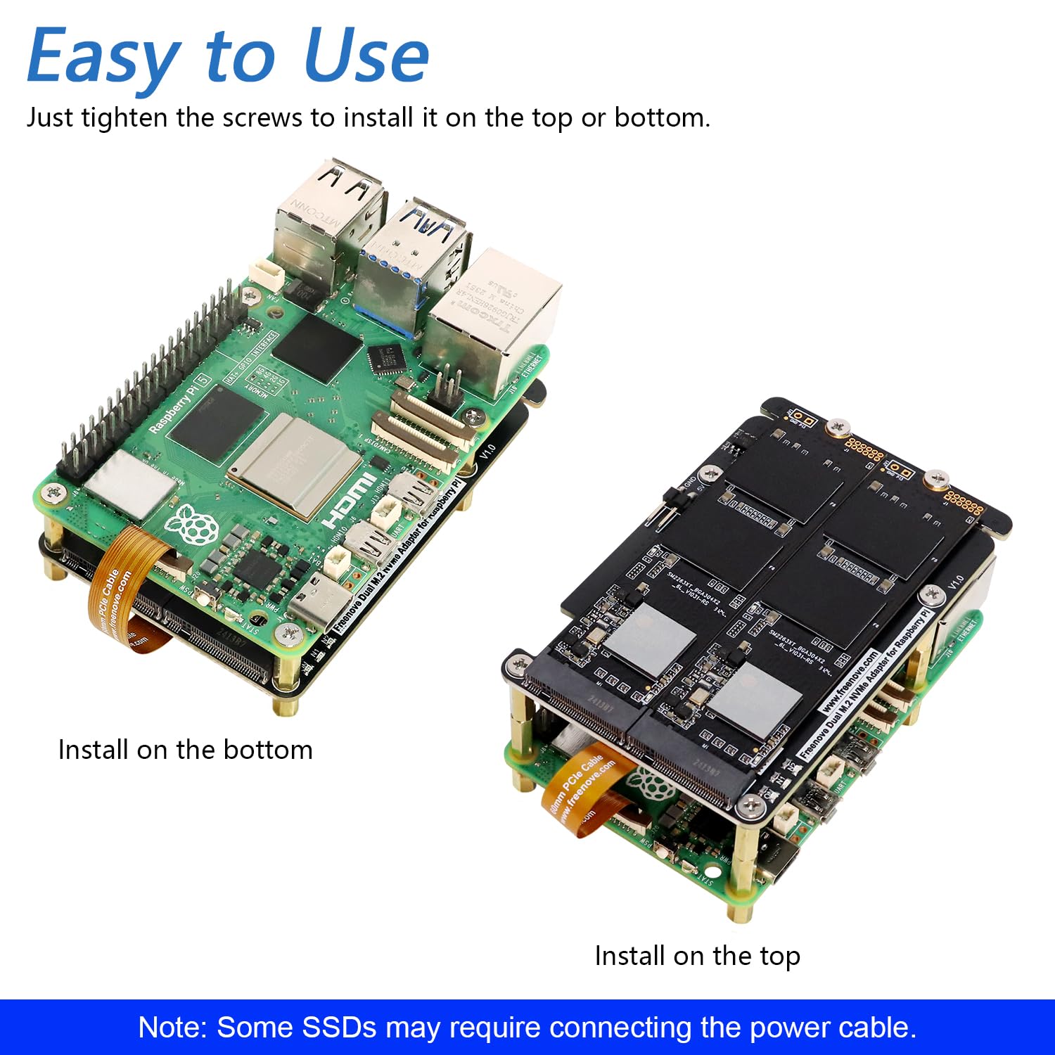 Freenove Dual M.2 NVMe SSD HAT for Raspberry Pi 5, M.2 Adapter AI HAT 2 Slots NAS RAID Kit, Solid State Drive Size 2230 2242 2260 2280, PCIe 2.0 Max Speed 500 MB/s, Detailed Tutorial
