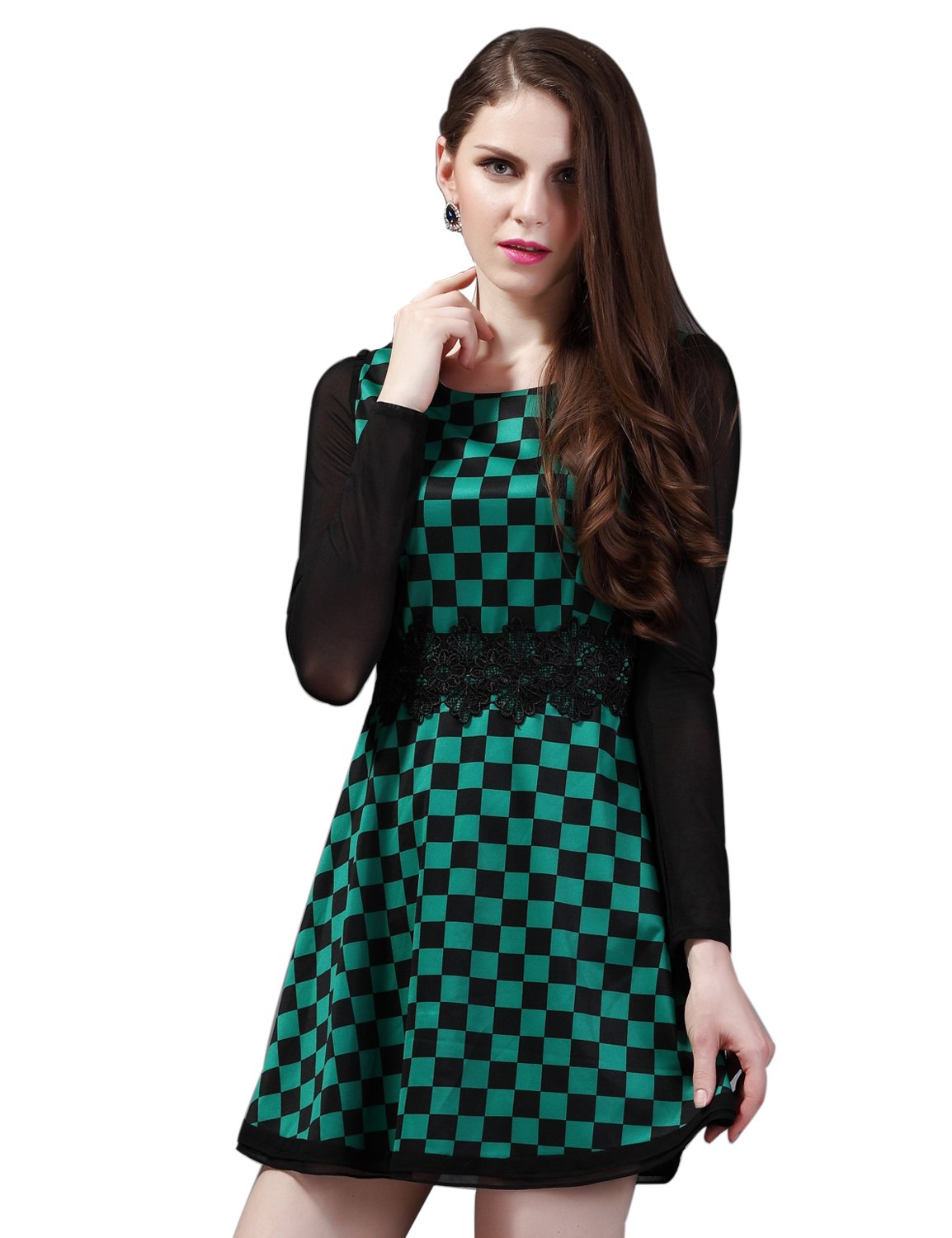 Maxchic Women's Mesh Long Sleeve Checked Print Fit-and-Flare Dress Q12514Y12M