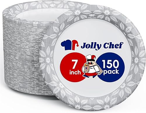 Miniatura 1 de JOLLY CHEF Platos de papel desechables de 7 pulgadas, paquete de 150 platos de postre impresos resistentes para uso diario, a prueba de remojo, a