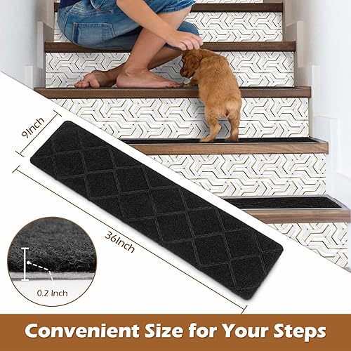 Miniatura 2 de Seloom Peldaños de escalera de 9 x 36 pulgadas para peldaños de madera, alfombra antideslizante con respaldo antideslizante especializada para