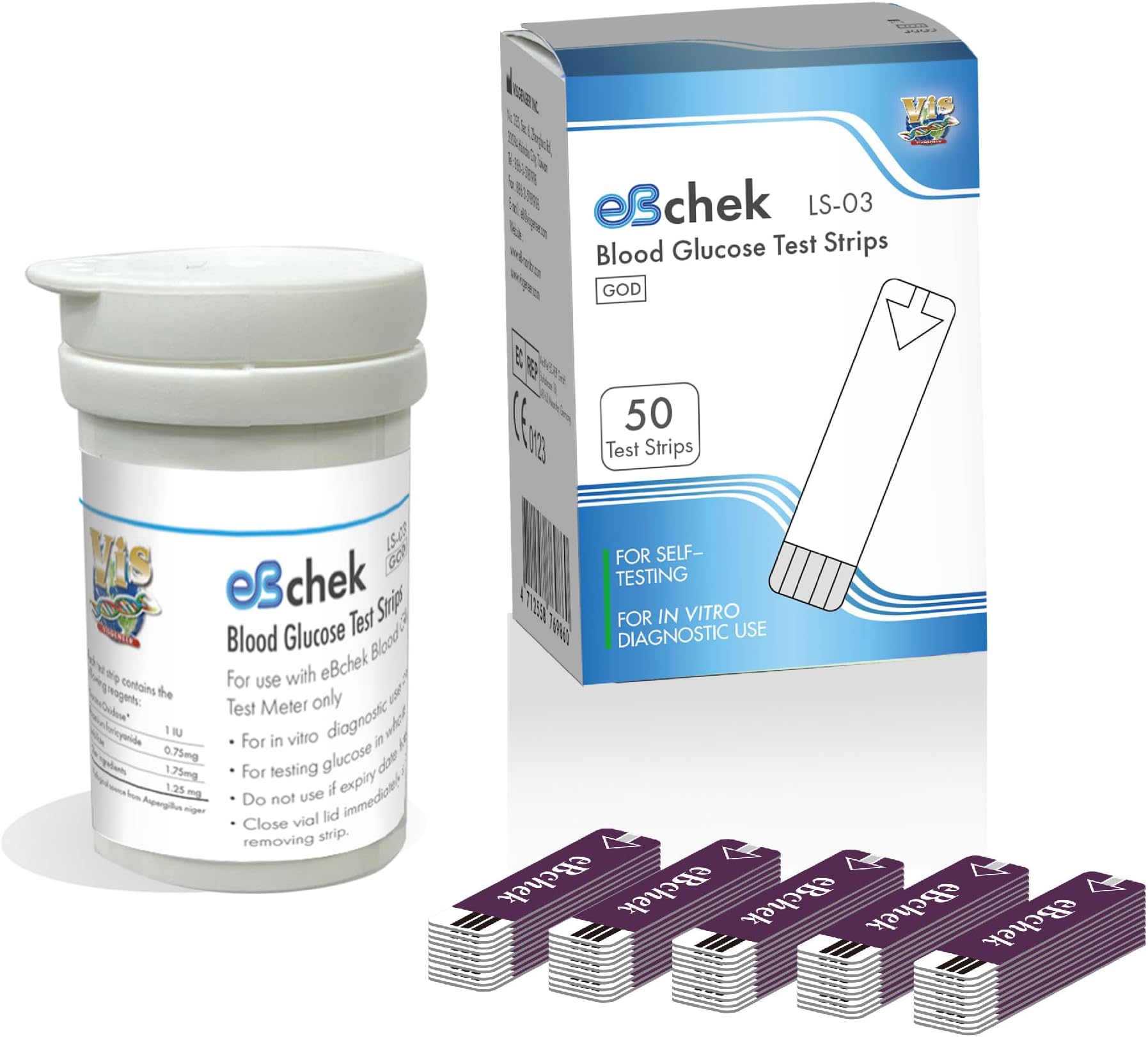 eBchek Blood Glucose Test Strips, 50 count, No Coding Blood Sugar Test, Precision Sugar Measurement for Diabetics, Strips Work Only in eBchek Glucose Meters