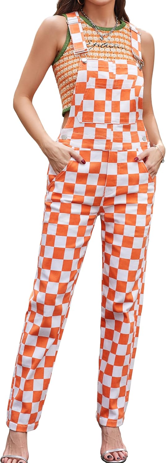 Bindefon Overalls for Women Checkered Pants Fashion Jumpsuits Stretchy Rompers Plaid Bib Coveralls