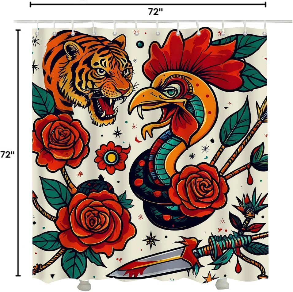 IBILIU Tattoo Element Shower Curtains for Bathroom 72X72 Inches,Rooster Snake Panther Colorful Polyester Fabric Shower Curtains with 12 Hooks