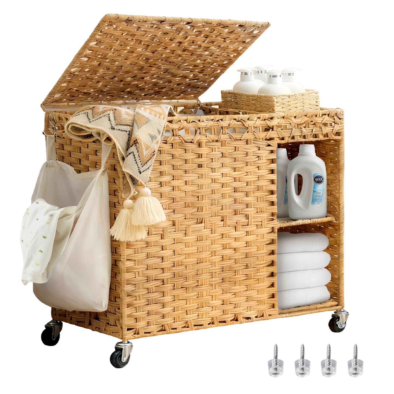 160L Wäschekorb mit Rollen und Regal, Wäschewagen mit Deckel | Handgeflochtener PE-Rattan, Großer Wäschekorb, Wasserfest für Badezimmer, Schlafzimmer und Waschküche