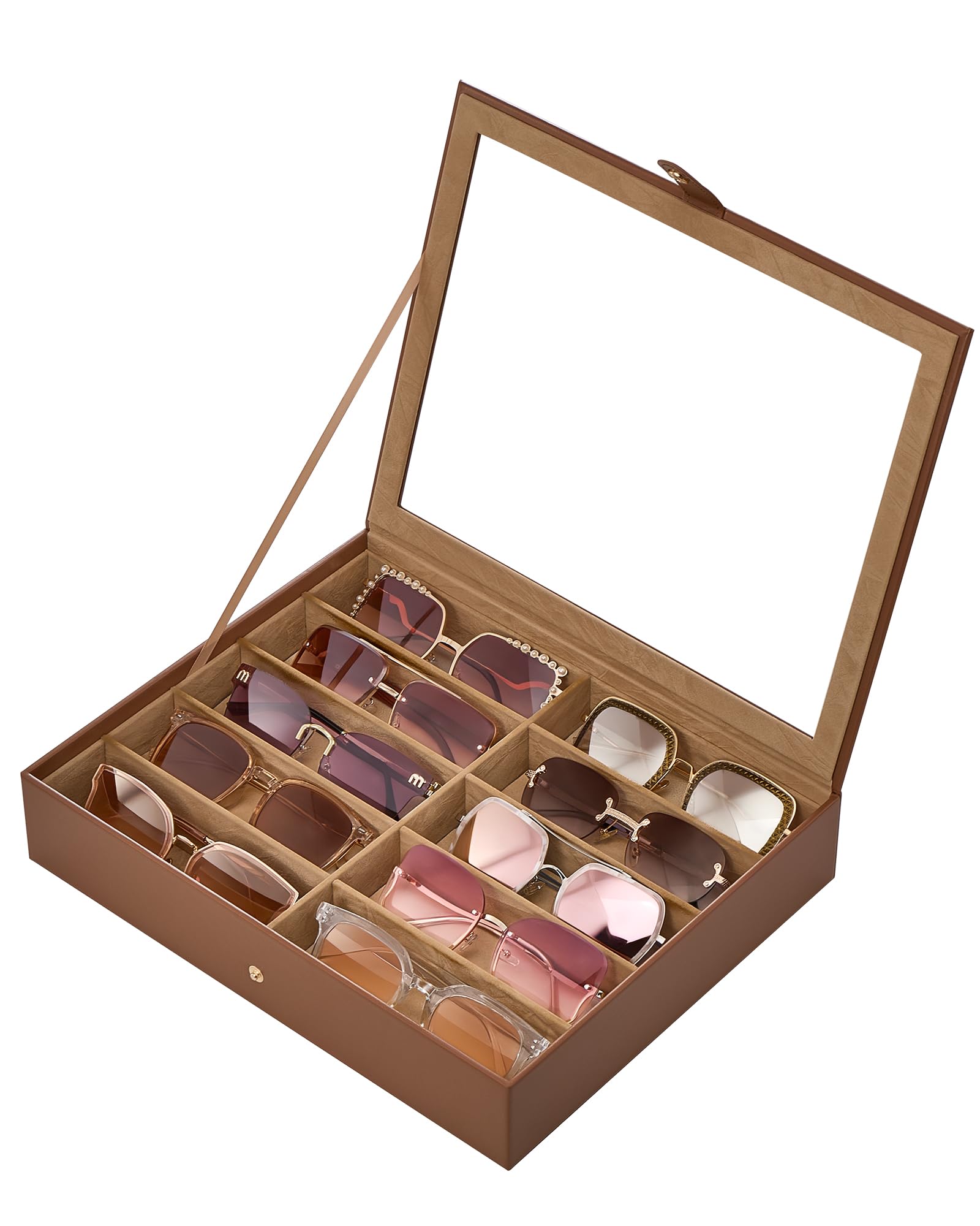Lolalet Unisex Brown 10 Slots Sunglasses Organizer Box, Eyeglasses Eyewear Display Case For Multiple Pairs Of Glasses With Transparent Top Lid Jewelry Watches Collection Holder For Men Women -1 Layer,
