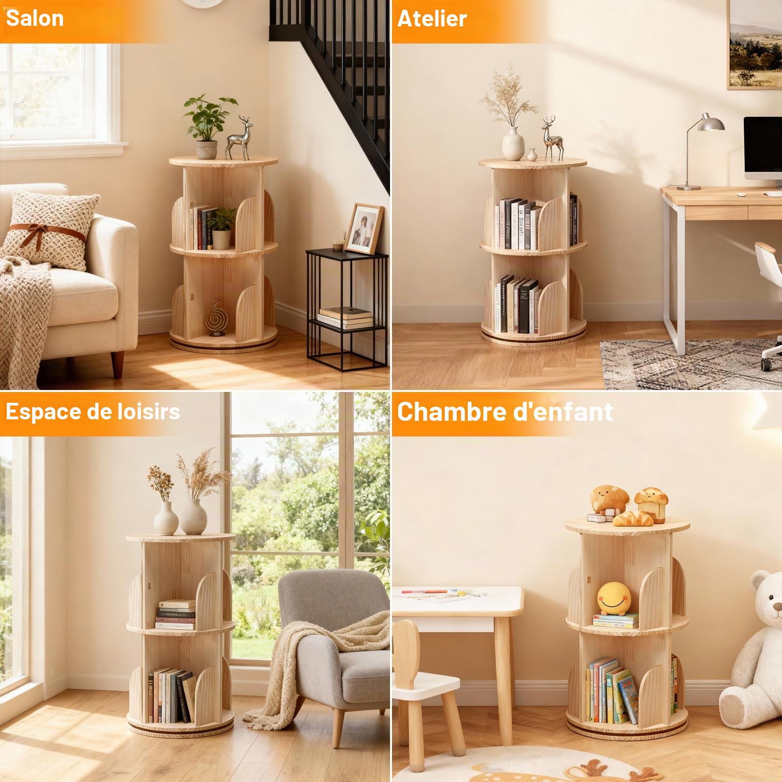 Bibliothèque rotative à 2 étages en bois massif - Étagère debout à 360° - Étagère à livres multifonctionnelle - Étagère de rangement pour enfants et adultes - Diamètre 39 cm - Hauteur 67 cm