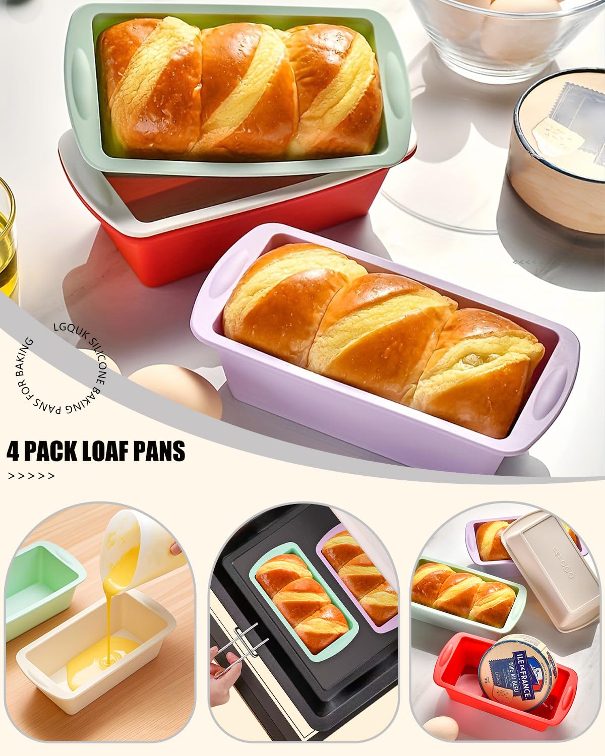 Molde de silicona para pan, sartenes antiadherentes para hornear, moldes de silicona flexibles para pan, pasteles, pastel de carne (4 unidades, rojo, verde, blanco y morado)