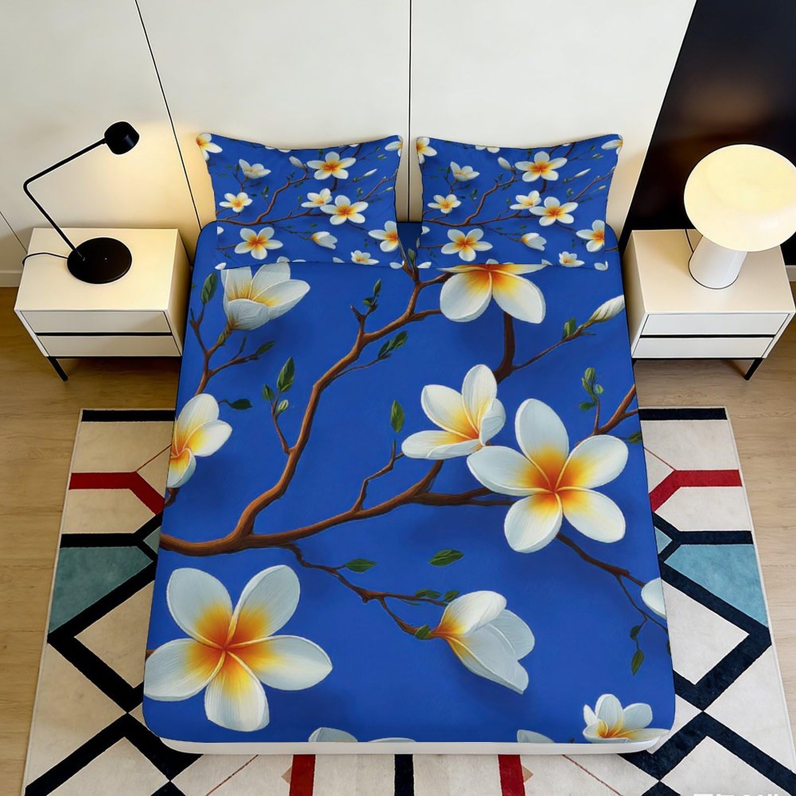 3D Printed Plumeria Blossom Fitted Sheet Microfiber Blue Magnolia Mattress Cover Non Slip Washable for Bedroom Decor 120x200x25cm