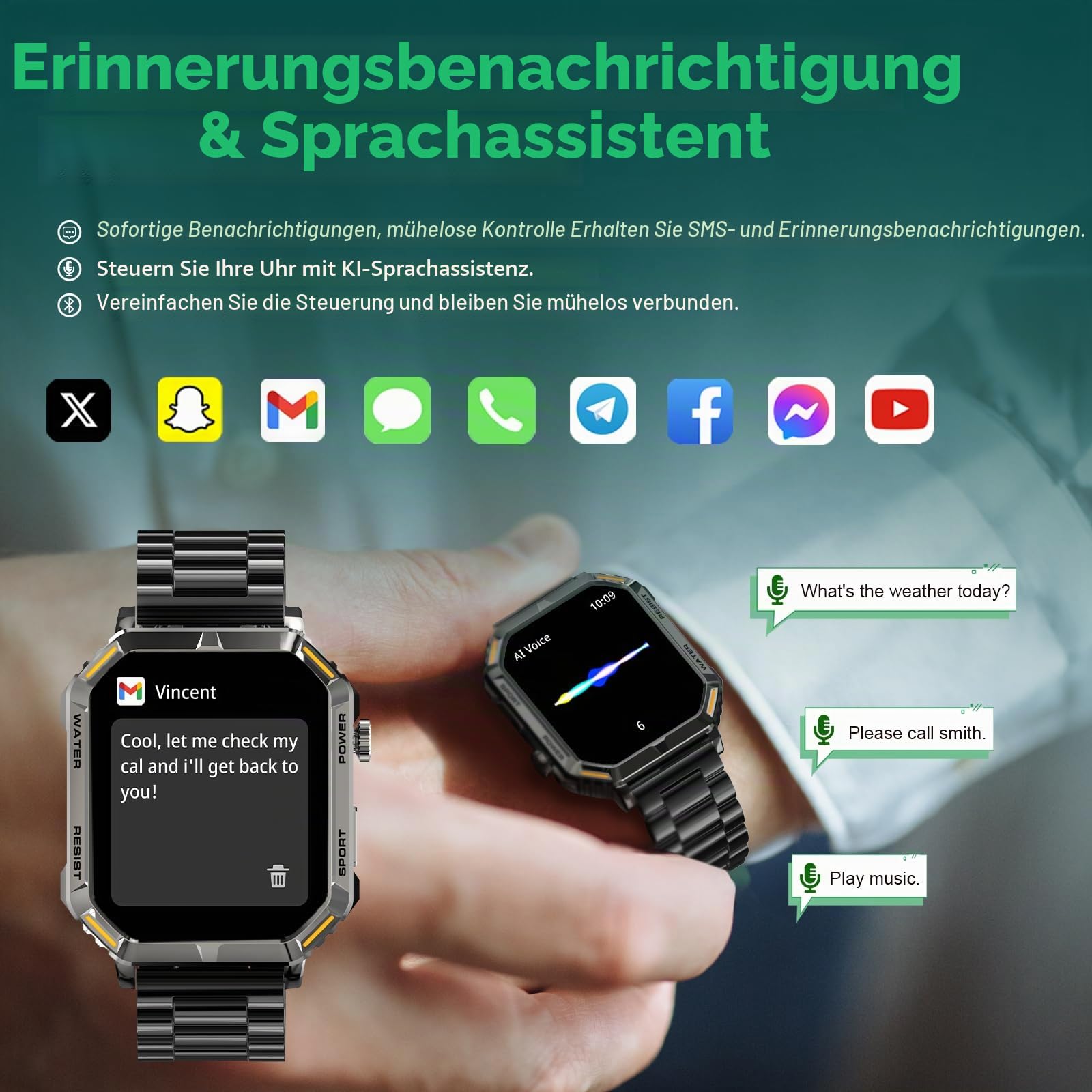 Smartwatch Herren mit Telefonfunktion, 1.95'' HD Display, Fitnessuhr Herren, 100+ Sportmodi, HF, SPO₂, Zählen Sie Schritte, Distanz, Mit Herzfrequenzfunktion, Gilt für Android/iOS, Schwarz