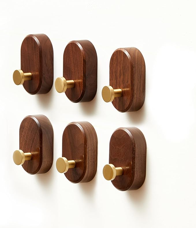 Wood Coat Hooks Wall Mount - Modern Walnut Coat Hook with Bronze Accent for Hanging Clothes,Keys,Purse,Robes,Towel,Backpacks, Single Brass Wall Hooks Heavy Duty for Entryway, Closet, Bathroom (4 Pack)