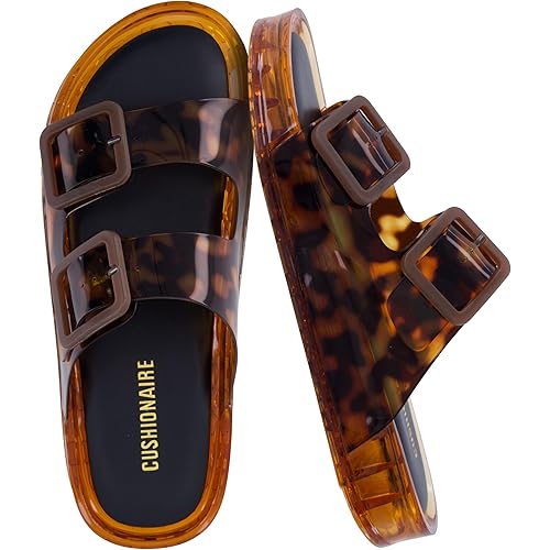 CUSHIONAIRE Pool Slides for Women Waterproof Double Buckle Adjustable Slip-On Womens Sandals for Beach Shower Casual Wear