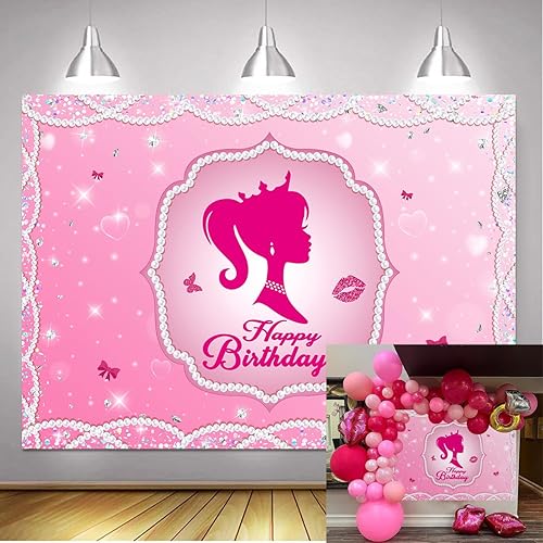Fondo de fiesta de cumpleaños de princesa con perlas rosas para fiesta de cumpleaños de niñas, pancarta brillante para decoración de mesa de pastel,