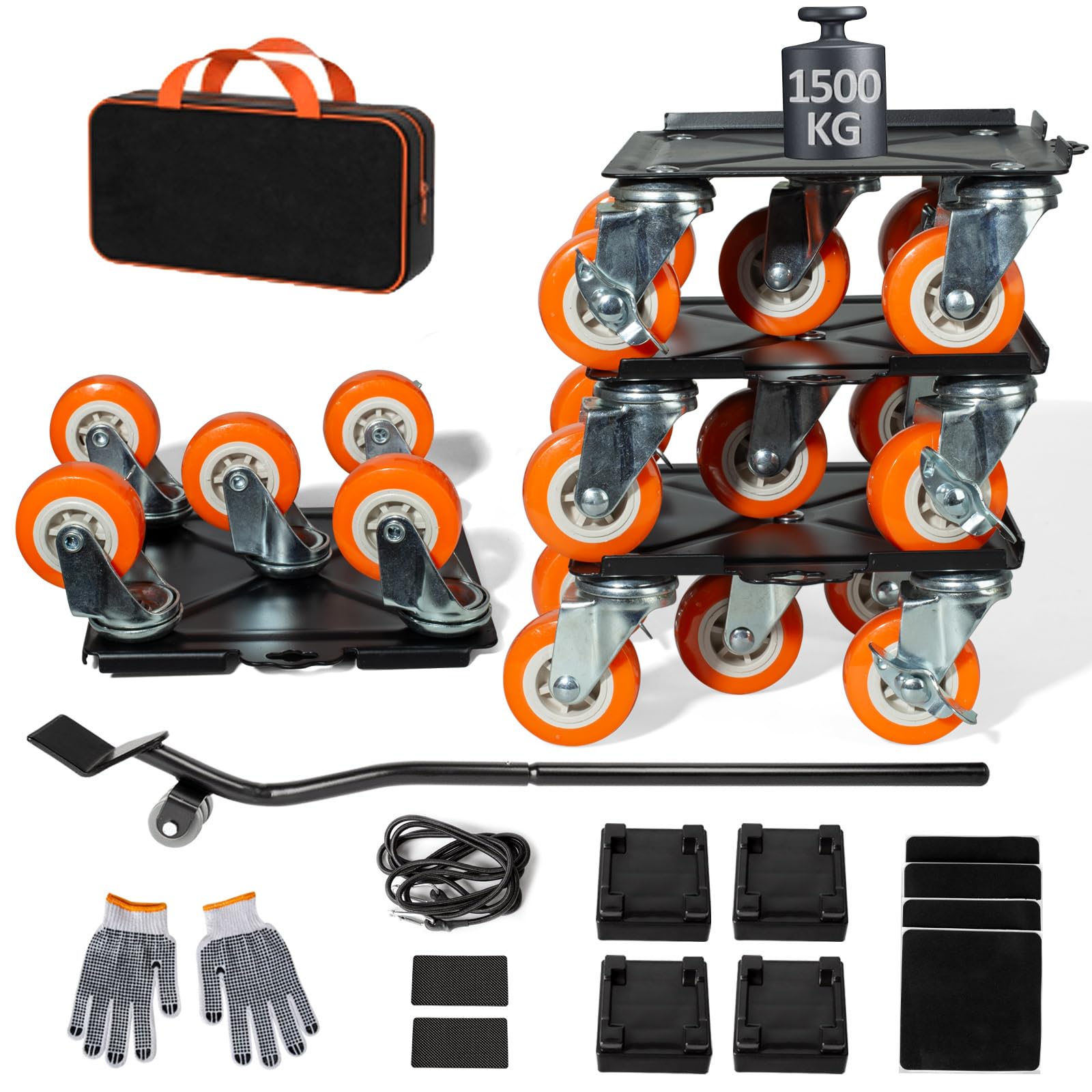 Kit Sollevatore Mobili, Spostare Mobili Pesanti, Kit Spostamento Mobili con Funzione di Parcheggio, Carico 1500 kg, con 5 Ruote Girevoli 360° per Spostamento Facile dei Mobili (Arancione)