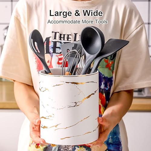 Miniatura 4 de Soporte para utensilios de cocina de mármol de 7 pulgadas, organizador grande de utensilios de cocina para encimera de cocina, mármol dorado blanco