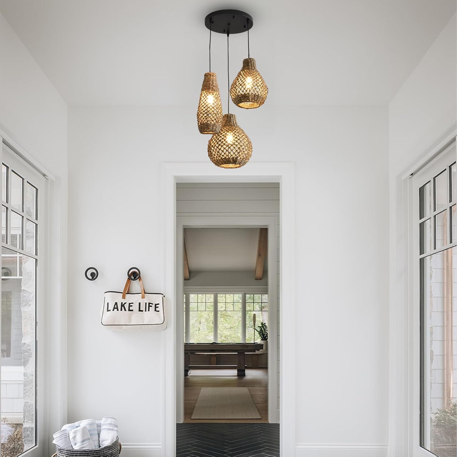 3-Lights Rattan Pendant Light Fixture,Boho Hand Woven Wicker Seagrass Farmhouse Ceiling Hanging Lighting,for Kitchen Island Dining Room, Restaurant, Hallway, Foyer,