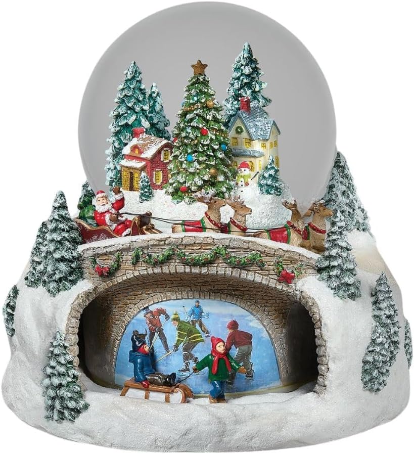 Roman Rotating Kids Village Musical Snow Globe – Lighted Christmas Scene with Santa, Moving Ice Skaters, and Festive Holiday Décor, 10 Inches
