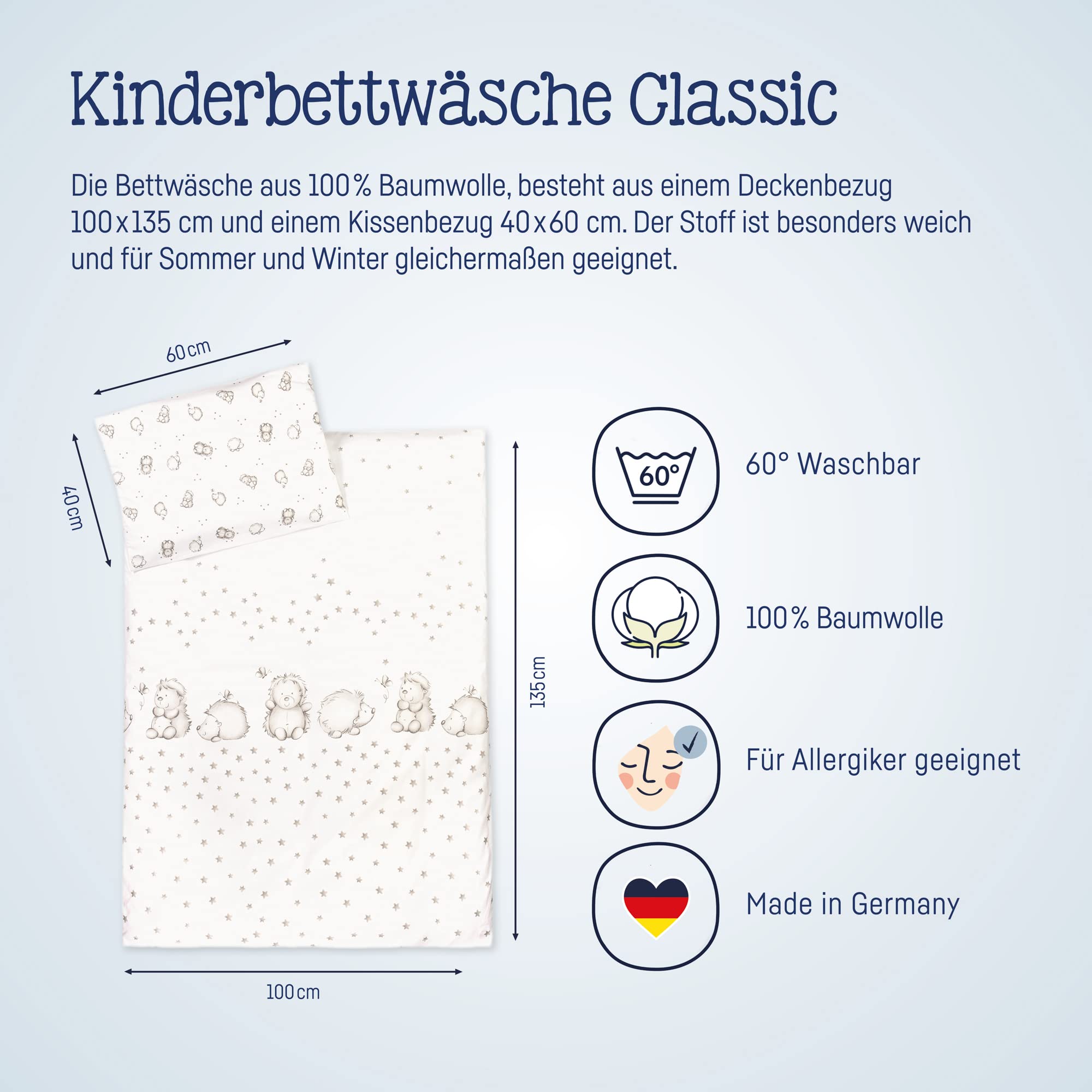 Julius Zöllner Kinderbettwäsche 100% Baumwolle, Standard 100 by OEKO-TEX, made in Germany, Gr. 100x135 + 40x60 cm, Igelchen