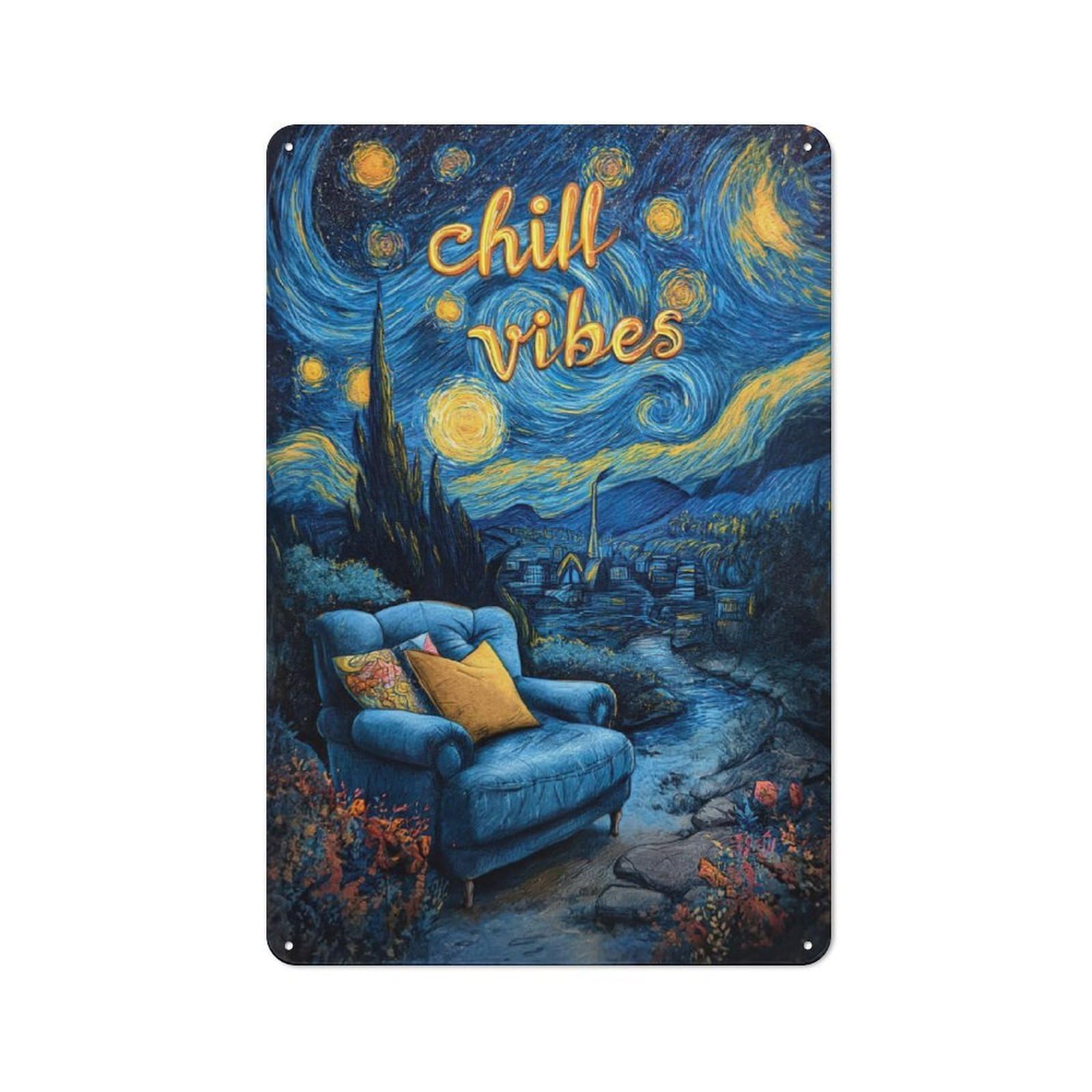 Junmoney Starry Night Chill Vibes Vintage Tin Wall Plaque 30X20cm For Café Or Restaurant, A Decorative Christmas Gift For Café Owners And Decorators