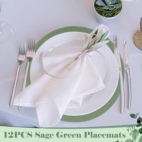 Miniatura 5 de 12 manteles individuales de arpillera verde salvia a granel, manteles individuales redondos de arpillera de 11.8 pulgadas, reutilizables, manteles