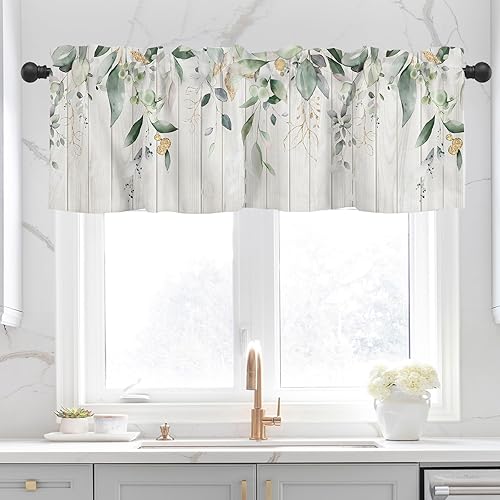 Miniatura 7 de Cenefas de cortinas de cocina de hoja de eucalipto verde salvia para ventanas, primavera, verano, hojas de acuarela, cenefa con bolsillo para barra,