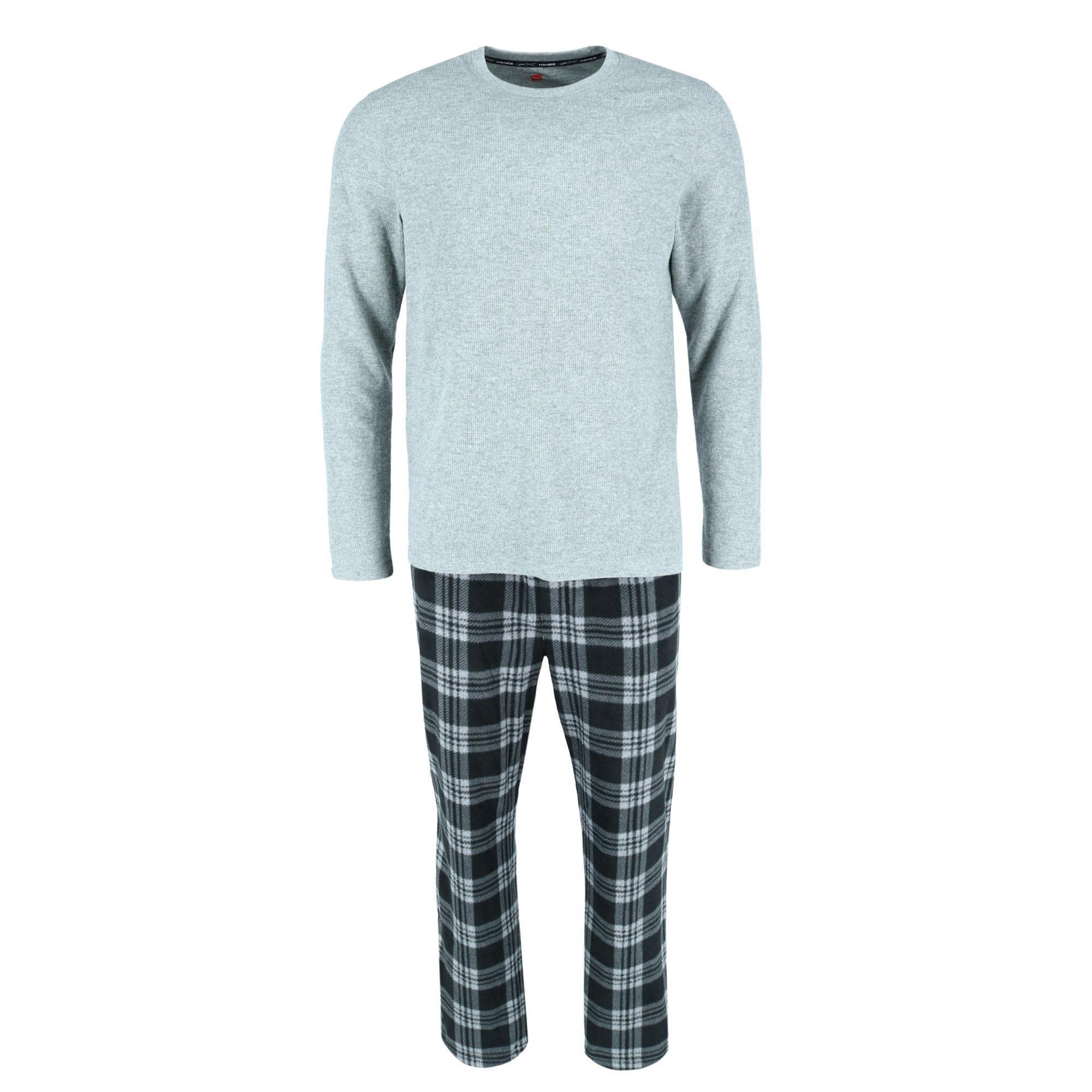 Hanes Men's Big and Tall X Temp Micro Fleece Pyjama Set, 2XL, Grey with Grey and Black Plaid