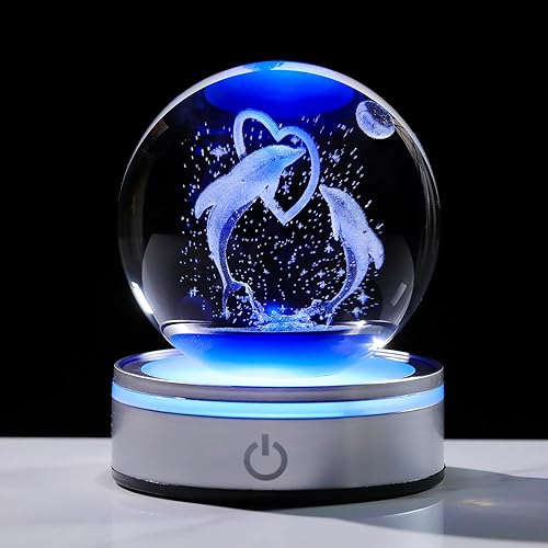 Figura de bola de delfines 3D de cristal de 3.15 pulgadas, regalos para mujeres, arte de animales de cristal coleccionable para habitación con base