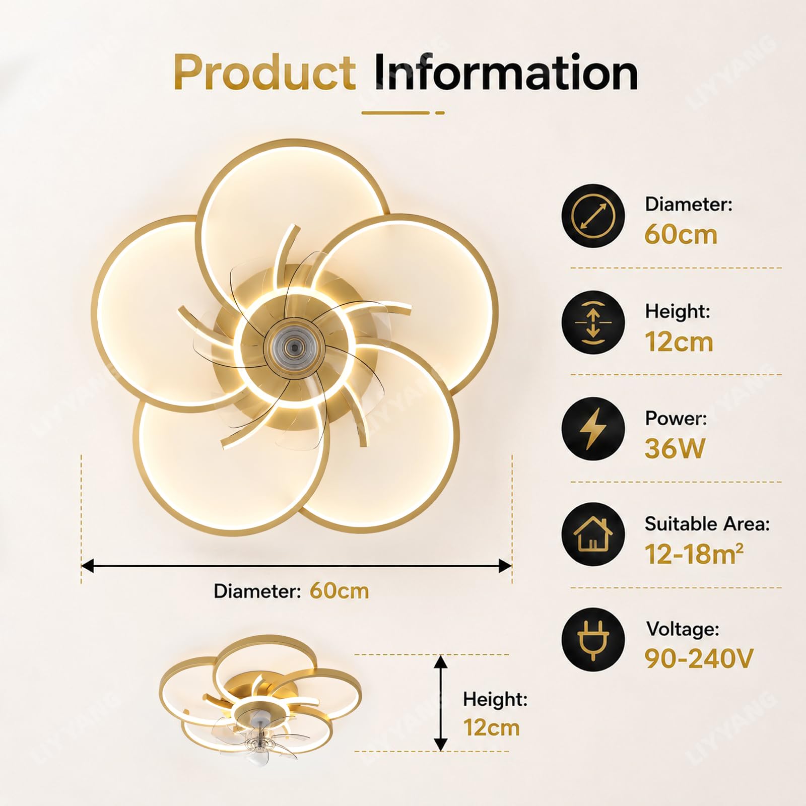 37W Kreis LED Deckenleuchte mit Ventilator, Moderne Dimmbare Deckenventilatoren, 6-Speed Lampe mit Ventilator Mit Fernbedienung App Timer Leiser für Schlafzimmer Esszimmer Büro (Gold)