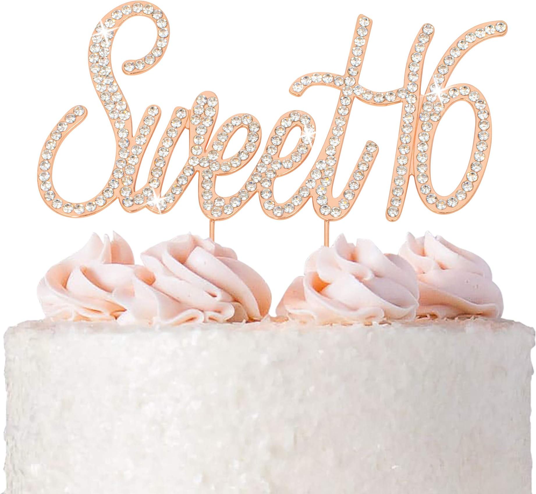 16 Cake Topper - Premium Rose Gold Metal - Sweet 16 Birthday Party Sparkly Rhinestone Decoration Makes a Great Centerpiece - Now Protected in a Box