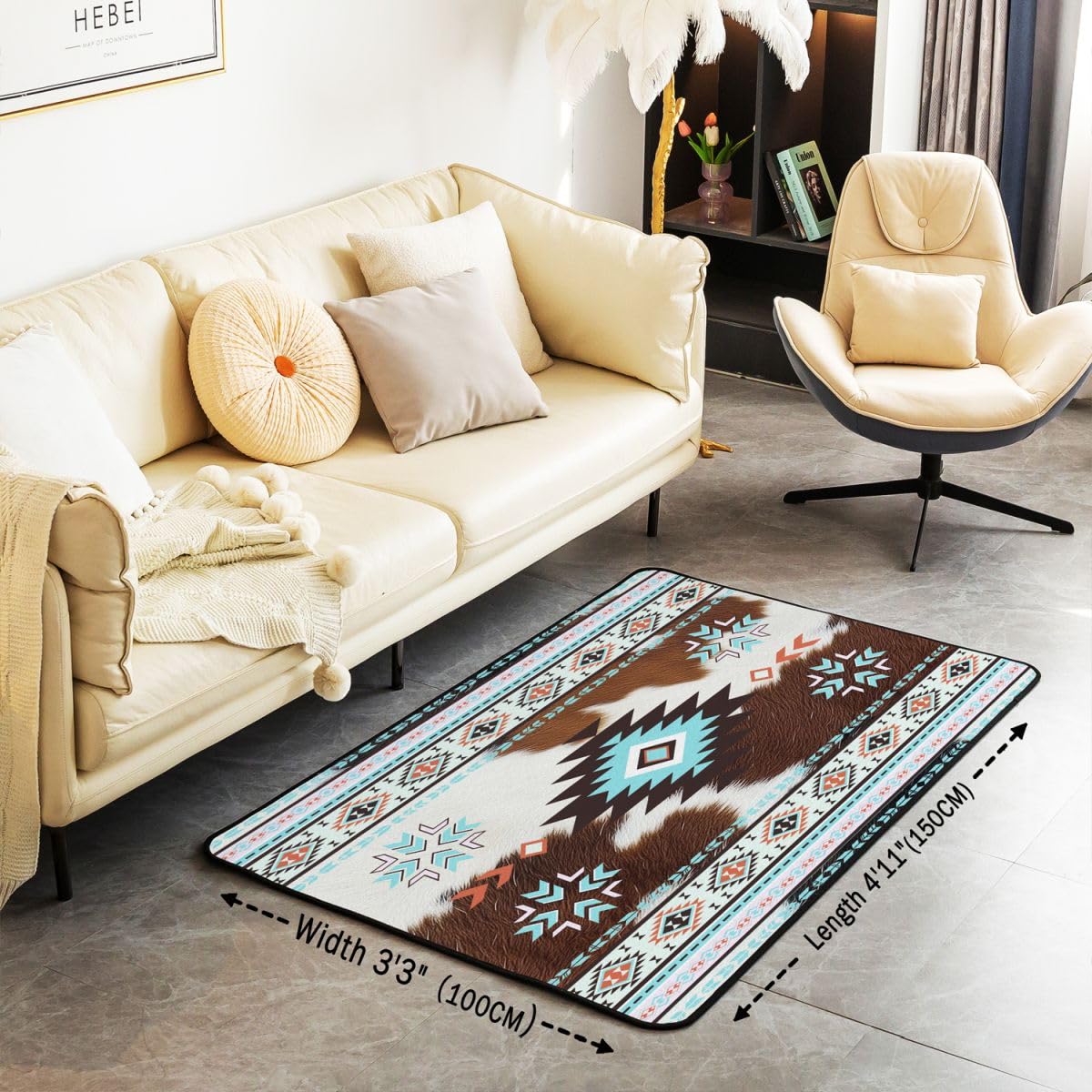 Homewish Jasnoniebieski aztecki dywan 100 x 150 cm - krowa góralska kryjówka dywan do salonu brązowy zachodnia skóra zwierzęca nie gubi włosia dywan południowy zachód rodzimy design duże dywany
