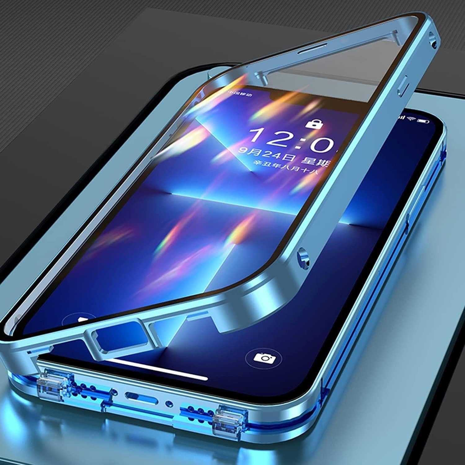 GUMMMY Double-Sided Buckle Case for iPhone 13 Pro Max/13 Pro/13, Bumper Case with Camera Lens Screen Protector Full Body Protection Metal Frame Clear Glass Cover (Color : Silver, Size : 13 6.1")