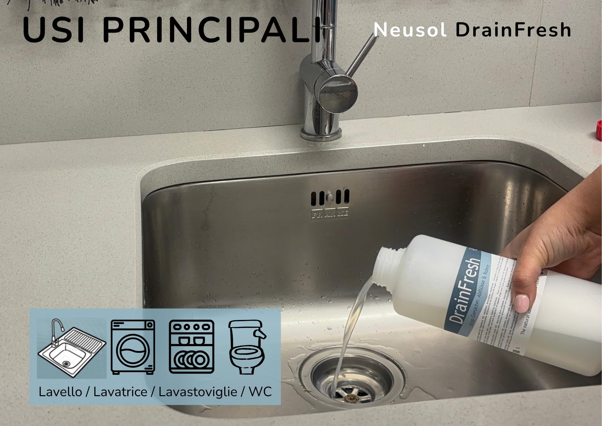 DrainFresh – Neutralizador para desagües, tuberías y depósitos – 5L | Acción inmediata, fórmula natural y uso doméstico / profesional Casa, hotel, autocaravana
