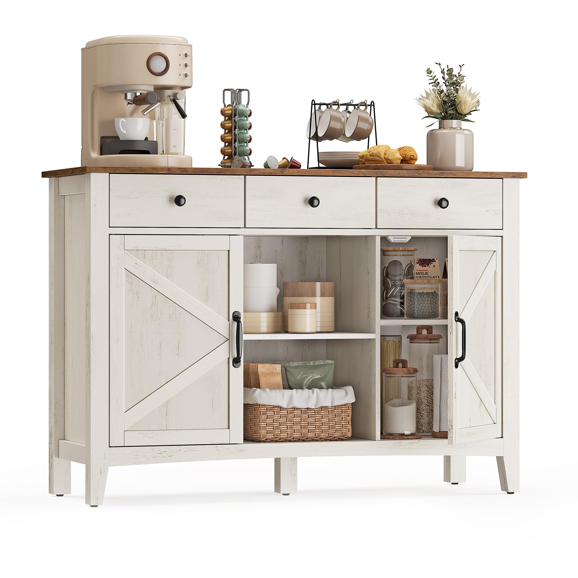 VASAGLE Küchenschrank, Sideboard mit Schubladen, Aufbewahrungsschrank mit Türen, verstellbare Ablage, Landhausstil, für Wohnzimmer Küche, 40 x 114,5 x 80 cm, vintageweiß-honigbraun BBK371W02V1