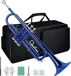 VEDO Kit para iniciantes de trompete em Si bemol, instrumento de sopro de metal para estudantes, estojo rígido, ferramentas de limpeza, bocal 7C e luvas. (Azul)