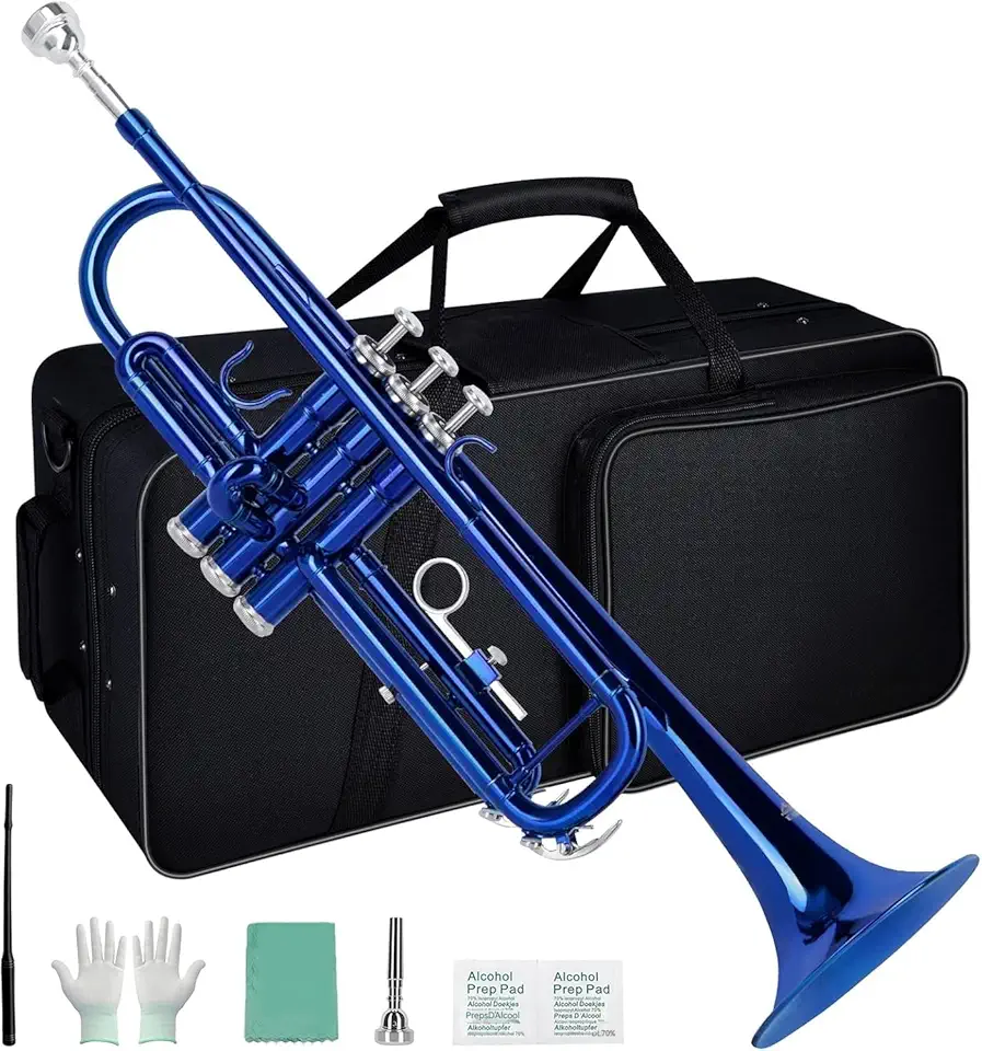 VEDO Kit para iniciantes de trompete em Si bemol, instrumento de sopro de metal para estudantes, estojo rígido, ferramentas de limpeza, bocal 7C e luvas. (Azul)