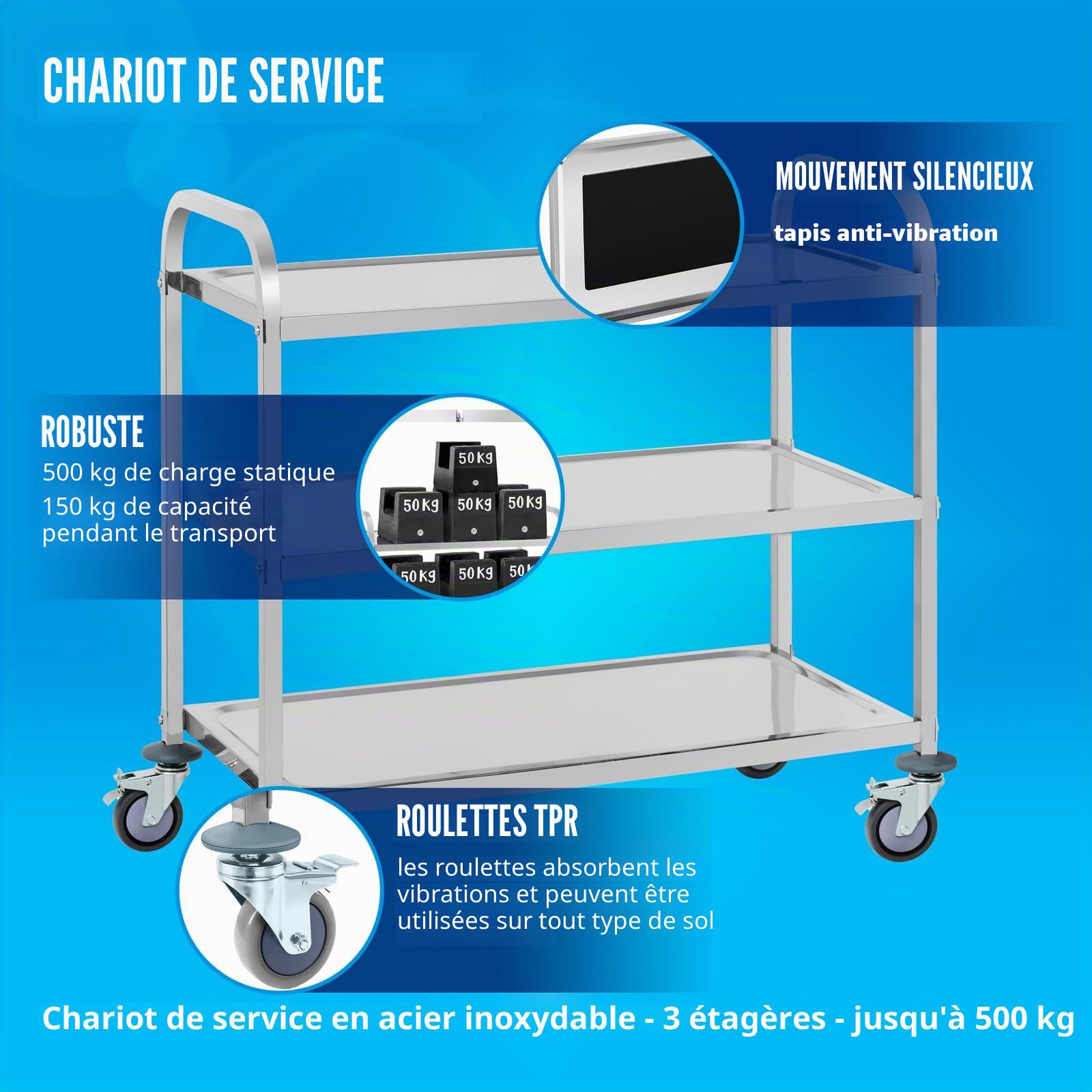 Royal Catering RCSW 3A Desserte Cuisine à roulettes Chariot de Service (3 Plateaux, Capacité de Charge 150 kg, Espacement des Plateaux 28,3 cm, Acier INOX)