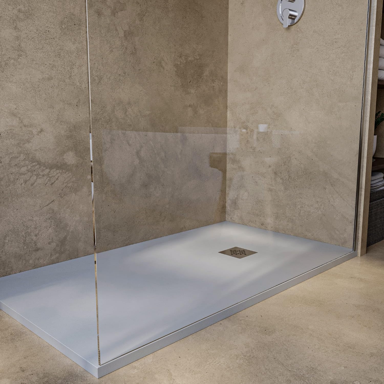 SOULBATH Plato de Ducha - Resina - Gel Coat - Textura Liso Seda - Antideslizante - Color Moka - 90x80- Extraplano 3cm. Incluye Válvula de desagüe - Standard