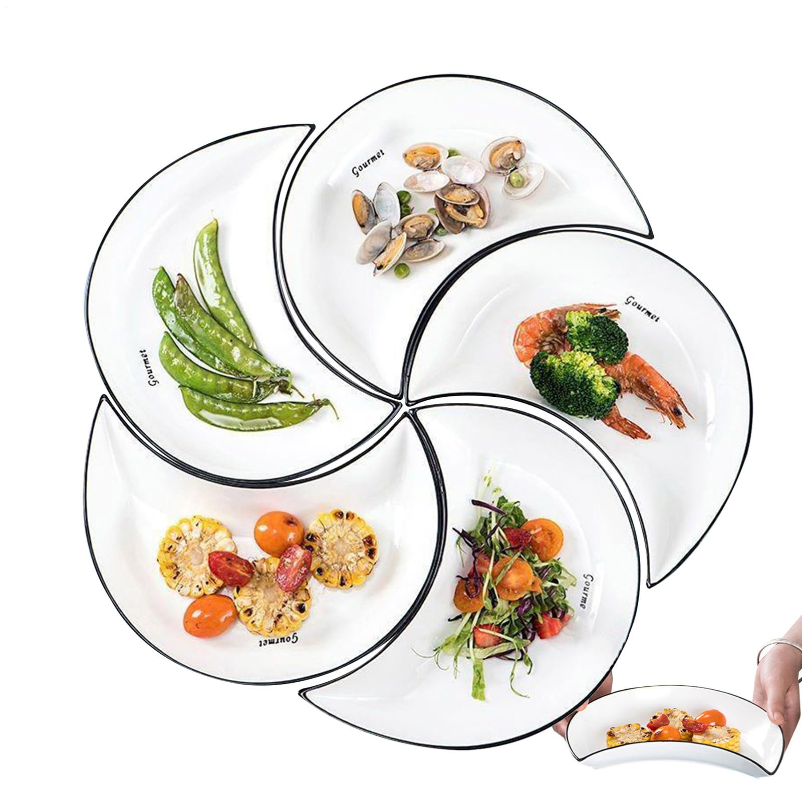 Platos llanos de cerámica, platos de cerámica, platos fríos en forma de luna, platos para salsa, platos para aperitivos, platos para el hogar, platos de salsa, platos de cerámica (5 unidades) | luna, platos para salsa, platos para aperitivos, platos para