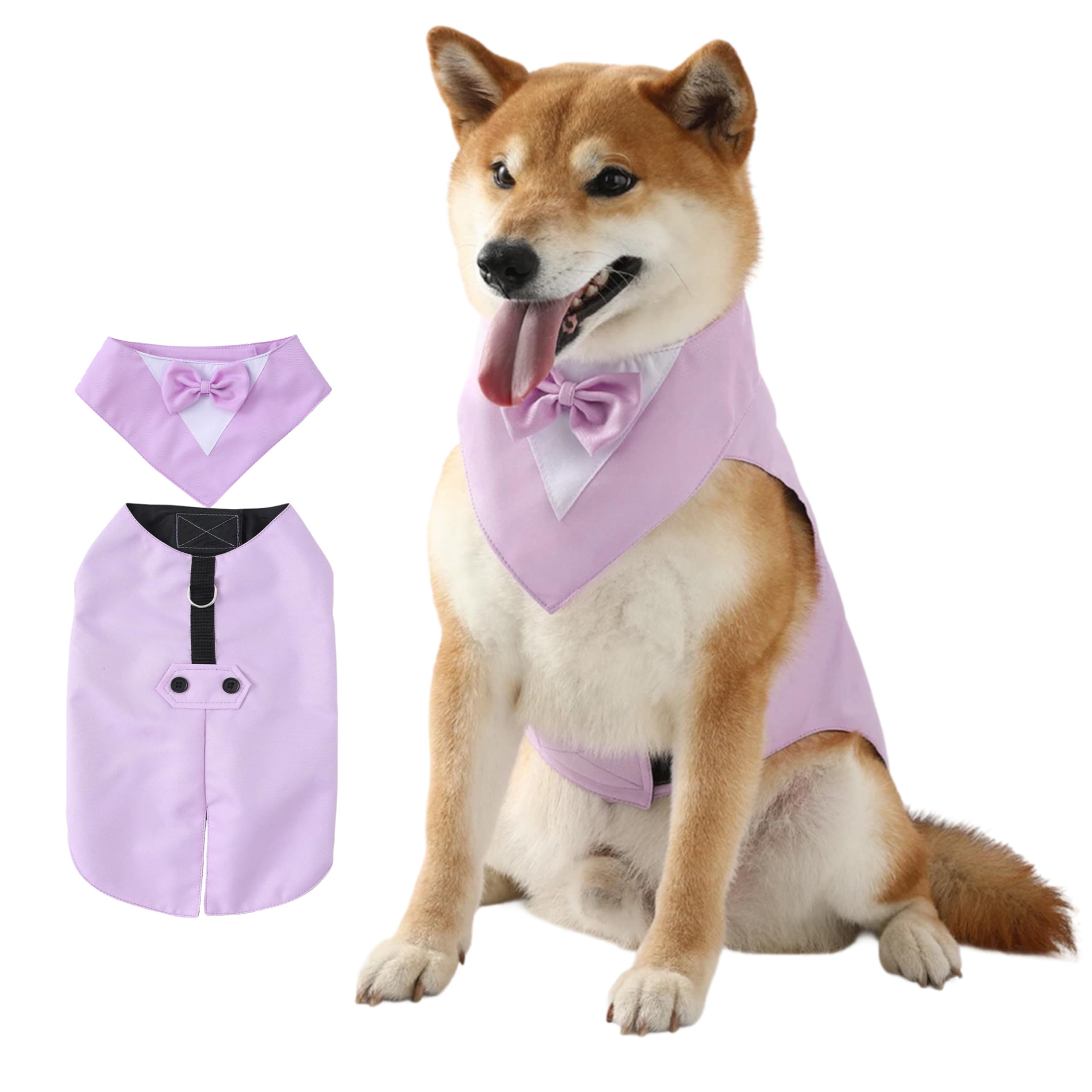 Dog Tuxedo Suit and Bandana Set Boy Dog Prince Bow Tie Shirt Formal Dogs Wedding Attire for Large Medium Dogs (Lavender,Medium)