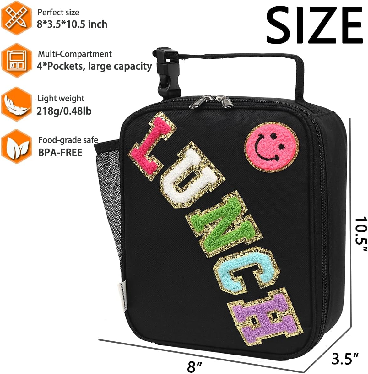 GYEUKHAM Insulated Lunch Bag for Women Girl Teen large Insulated Kid Lunch Bag,Large Reusable Cute Cooler Bag for School Work Picnic,Black Alphabet image 3