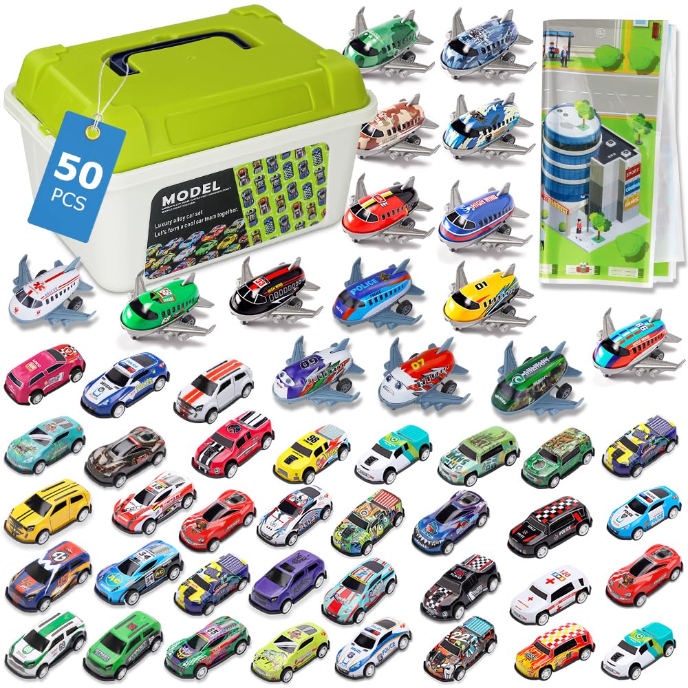 50 Pcs Pull Back Toy Cars Airplanes with Storage Box and Map, Alloy Mini Race Push and Pull Back Cars Planes Vehicles Toys for Kids, Party Favors Suitable for 3+ Years Old Kids Boys Girls Gift
