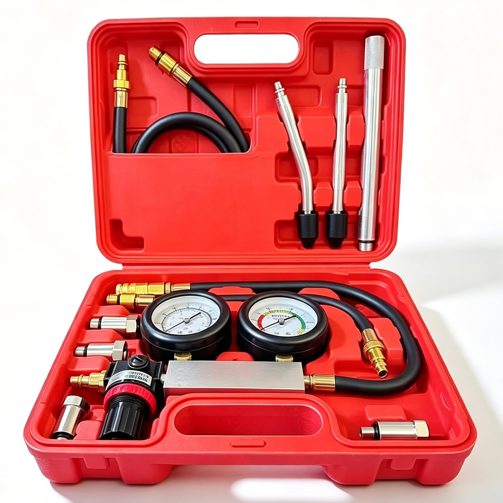 TU-21 - Kit tester di perdite per cilindro, tester di compressione per motore a benzina con asta di prolunga, doppio manometro, rilevatore di perdite per test di pressione e test di tasso di perdite