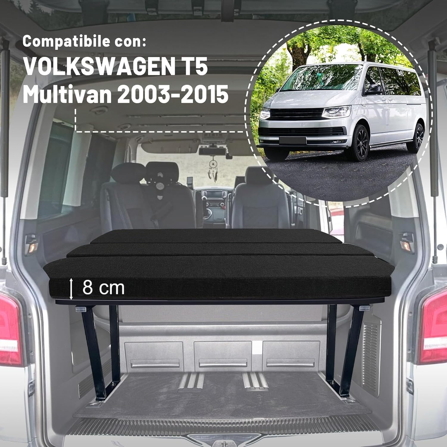 Viglietti Matratze nur aus schwarzem Schaumstoff, hohe Dichte, kein Bezug, Ersatz für VW T4/T5/T6/T6.1 Multivan, California Beach, Caravelle, Transporter, Caravan, Wohnmobil, 186 x 148 x 8 cm