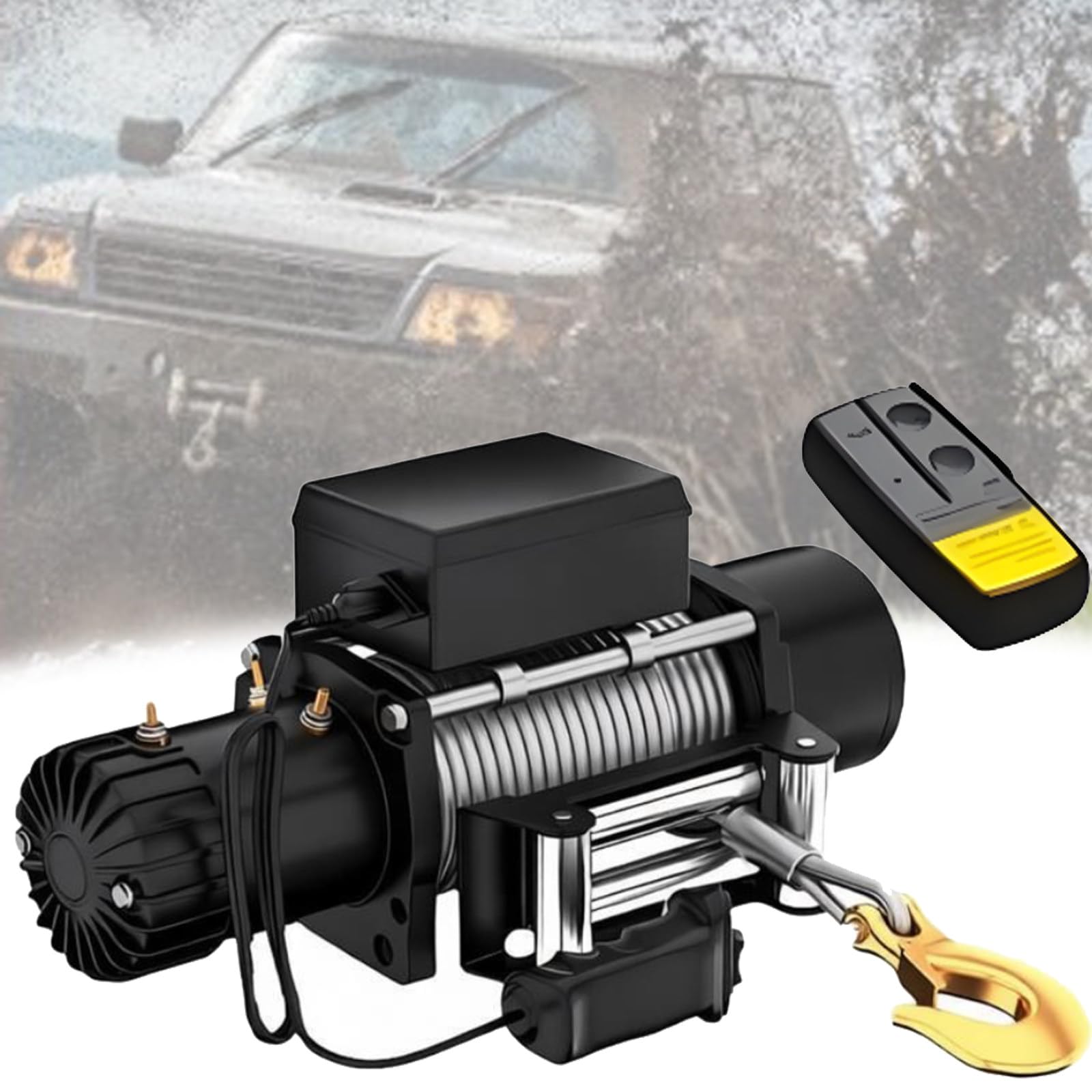 Quixnova Steel Rope Winch Including Fairlead Roller, 3000/3500/4000/4500/6000LBS Load Capacity, 12V/24V Recovery Electric Winches Wireless/Hand Remote Controller 3500LBS