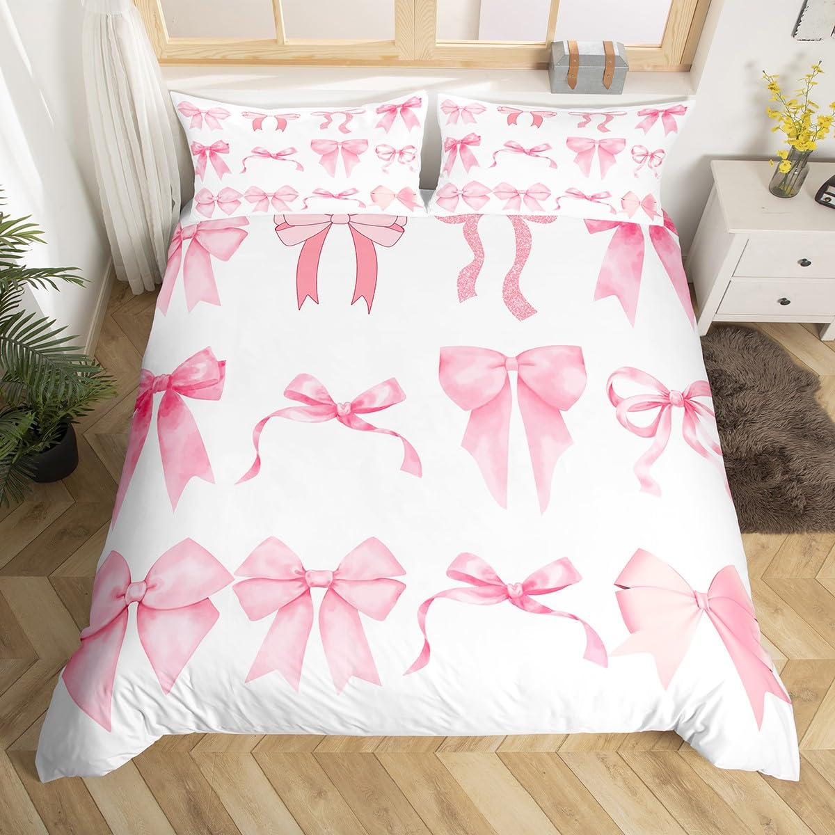 Homewish Funny Bowknots Bedding Set Single,Kawaii Ribbon Bow Bed Set for Girls,Dreamy Princess Style Duvet Cover,Cute Watercolor Bow Tie Quilt Cover — image 1
