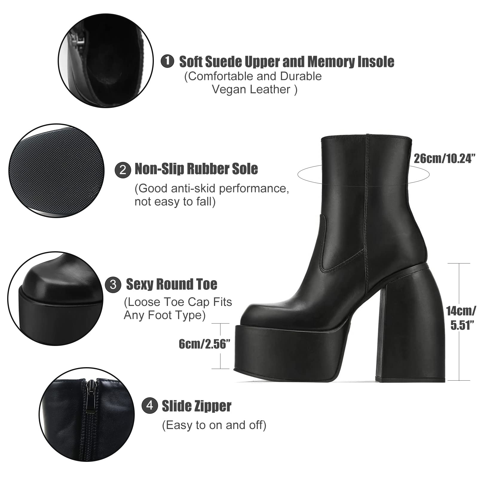 VOMIRA Ankle Boots for Women Chunky High Heel Sqaure Toe Side Zipper Pu Leather Stretch Boots Platform GoGo boots