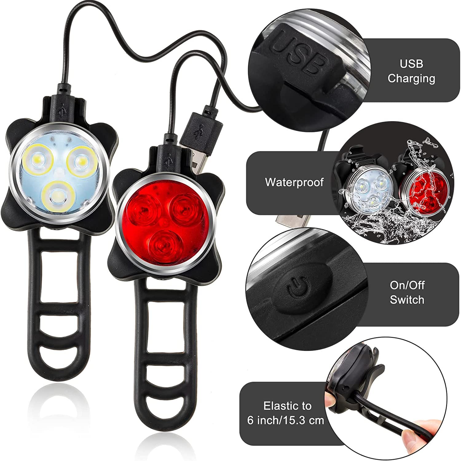 Juego de luces LED recargables para bicicleta, faros delanteros superbrillantes y luces LED traseras para bicicleta, baterías de litio de 650 mAh