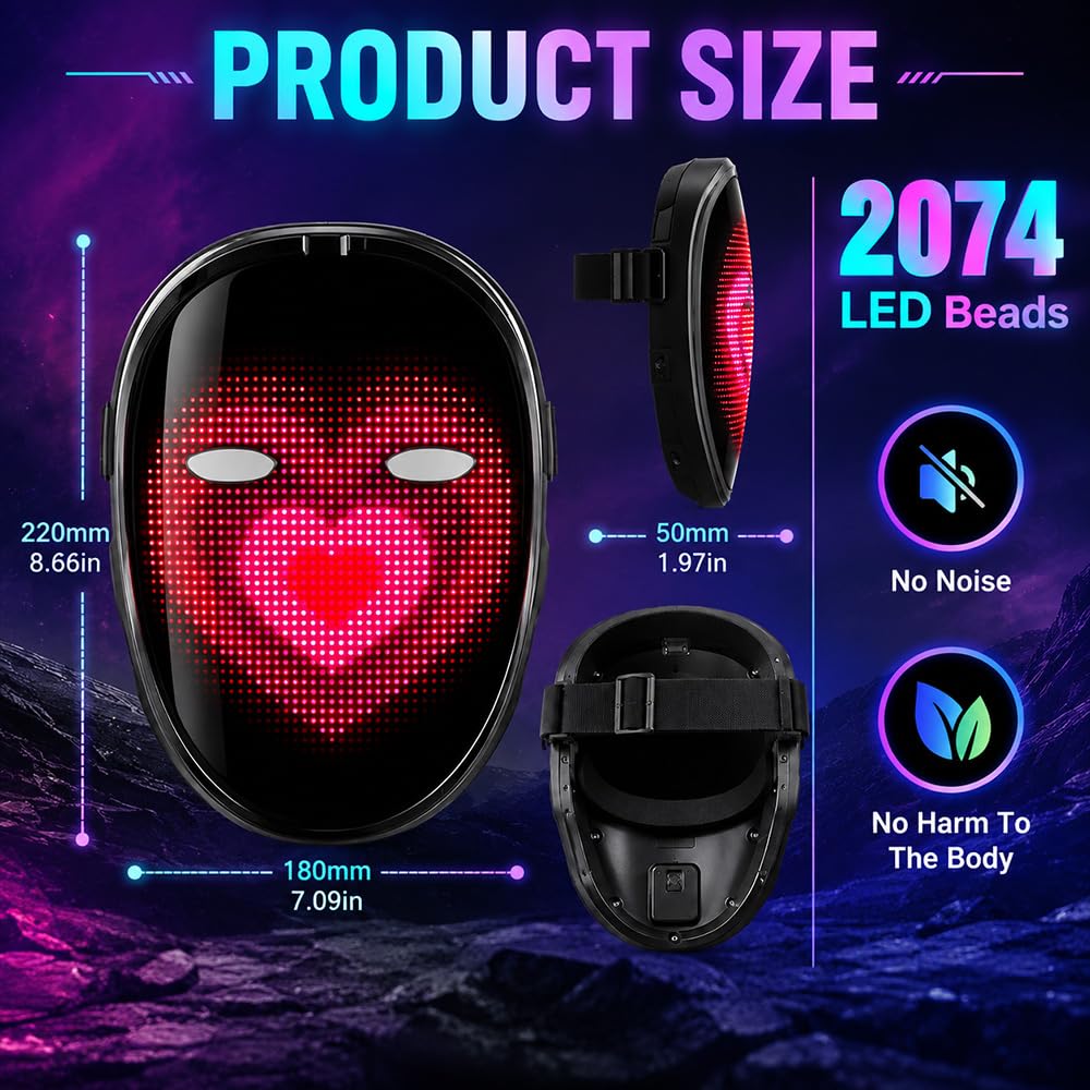 Maschera a LED con rilevamento dei gesti, 115 immagini e 12H batteria LED
